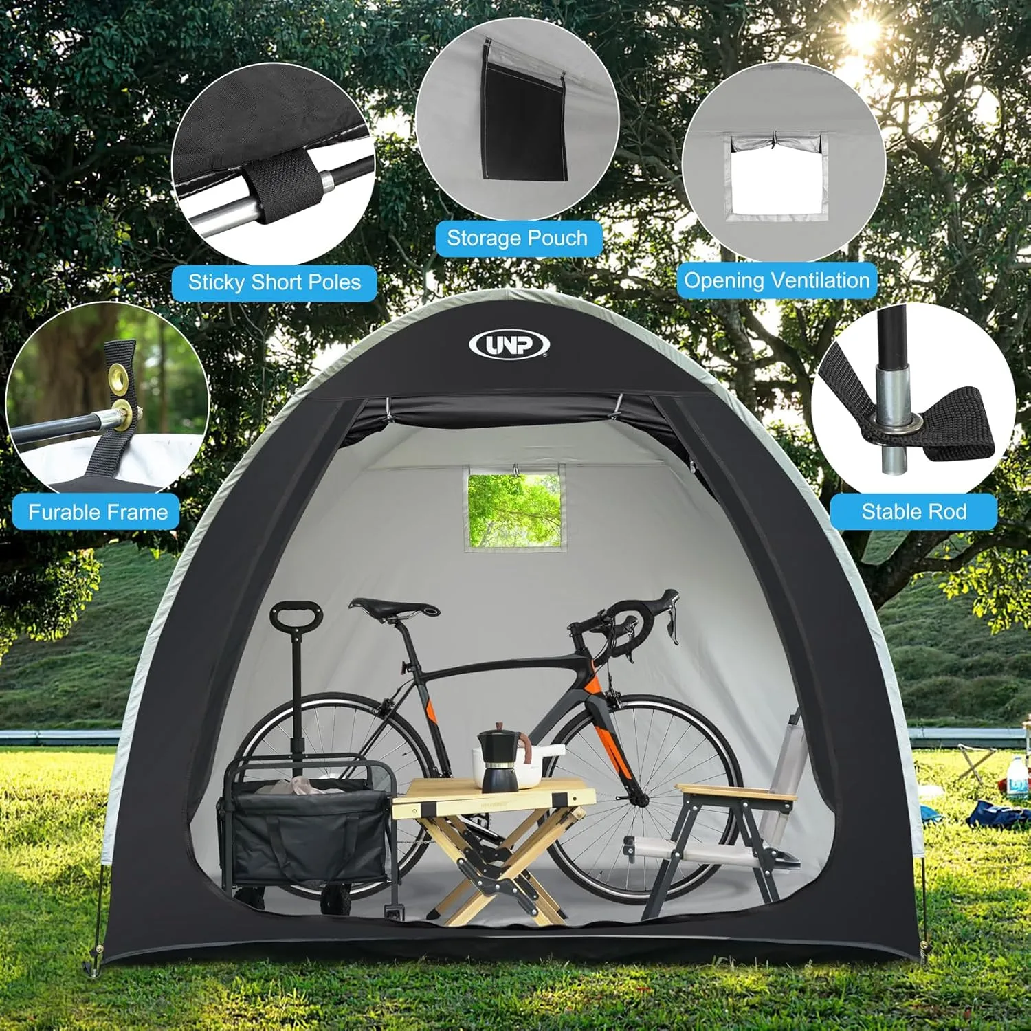 UNP Bike Storage Shed Tent, Portable Outdoor Bike Storage Tent with 210D Oxford Thick PU4000 Waterproof for 1/2/3/4 Bikes, Bike Covers Storage Shed Tent for Bicycles, Lawn Mower, Garden Tools
