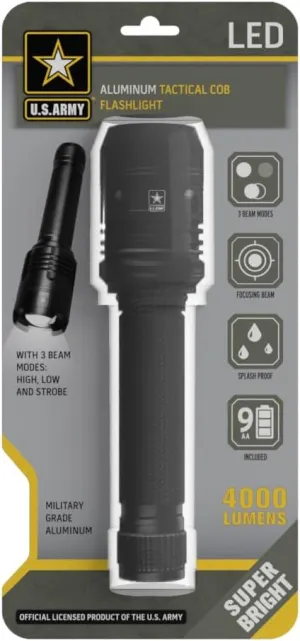 US Army Aluminum Tactical Cob Flashlight with 3 Beam Modes - Military Grade Flashlights High Lumens 4000 - Bright Flashlight with Focusing & Zoomable Beam (Battery Included), Black