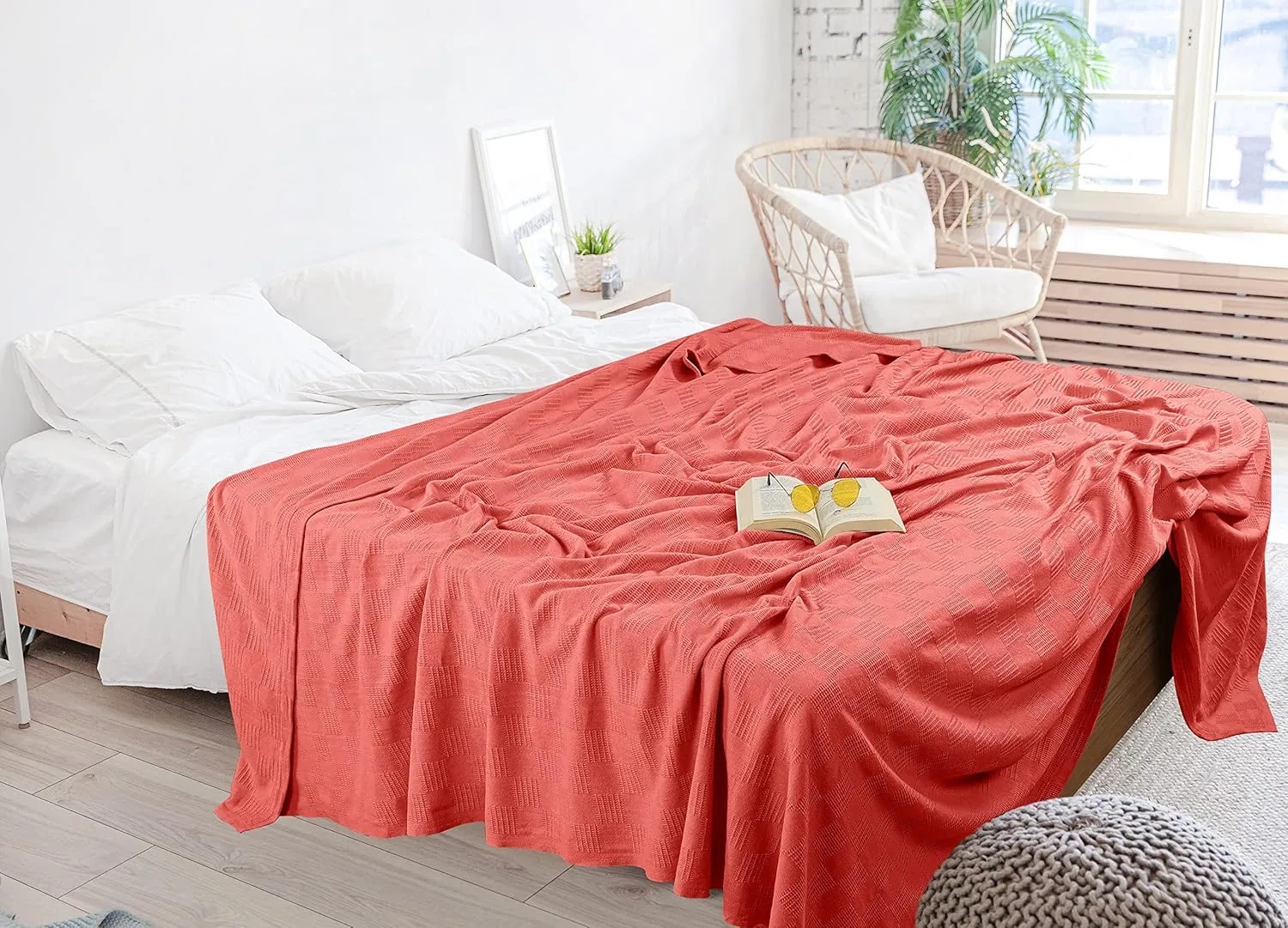 Utopia Bedding Coral 100% Cotton Blanket [Queen Size - 90x90 Inch] 350GSM Lightweight, Soft and Breathable Thermal Blanket for All Seasons