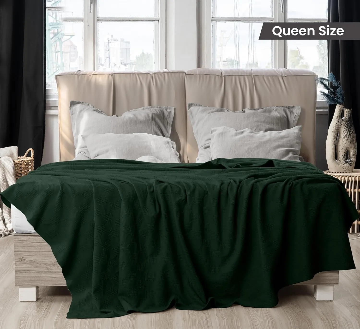 Utopia Bedding Forest Green 100% Cotton Blanket [Queen Size - 90x90 Inch] 350GSM Lightweight, Soft and Breathable Thermal Blanket for All Seasons