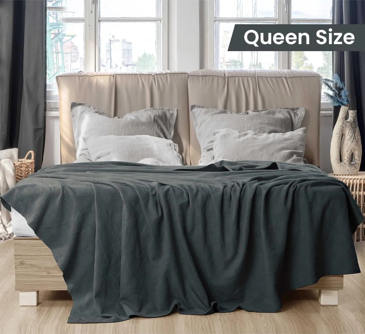 Utopia Bedding Smoke Gray 100% Cotton Blanket [Queen Size - 90x90 Inch] 350GSM Lightweight, Soft and Breathable Thermal Blanket for All Seasons