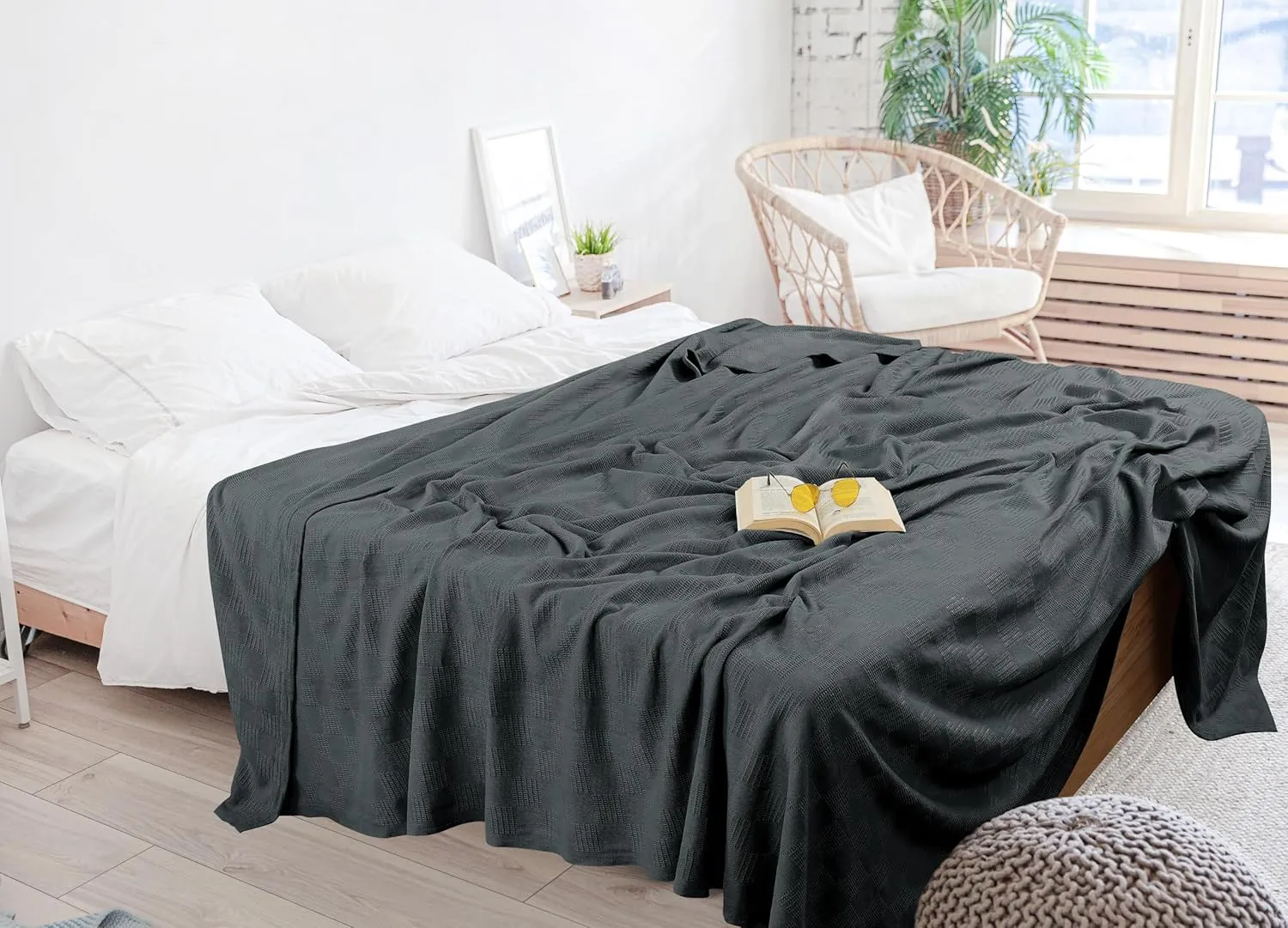 Utopia Bedding Smoke Gray 100% Cotton Blanket [Queen Size - 90x90 Inch] 350GSM Lightweight, Soft and Breathable Thermal Blanket for All Seasons