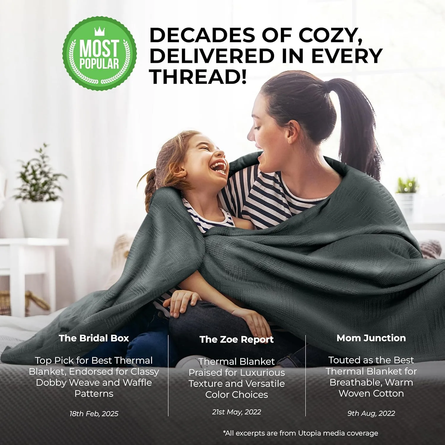 Utopia Bedding Smoke Gray 100% Cotton Blanket [Queen Size - 90x90 Inch] 350GSM Lightweight, Soft and Breathable Thermal Blanket for All Seasons