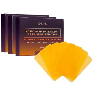VALITIC Turmeric Kojic Acid Cleansing Soap Melting Sheets - Dark Spot Corrector Paper Soap - 100 Travel Size Facial Exfoliating Sheets With Vitamin C, Retinol, Collagen - 3 Pack