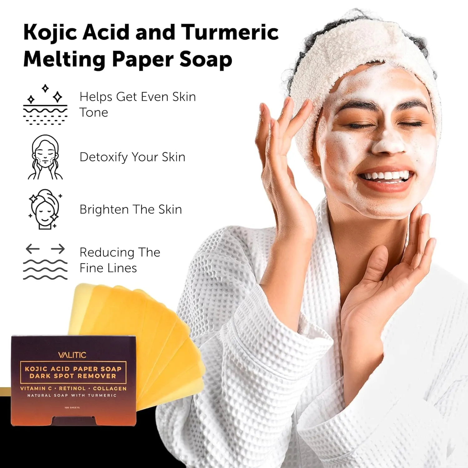 VALITIC Turmeric Kojic Acid Cleansing Soap Melting Sheets - Dark Spot Corrector Paper Soap - 100 Travel Size Facial Exfoliating Sheets With Vitamin C, Retinol, Collagen - 3 Pack