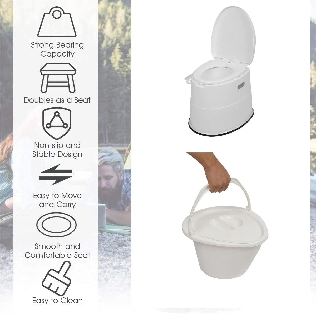 VERYKE Portable Toilet | Indoor Outdoor Commode w/Detachable Inner Bucket & Removable Paper Holder, Lightweight & Compact for Camping, Boat, Van, Emergency Use (White)