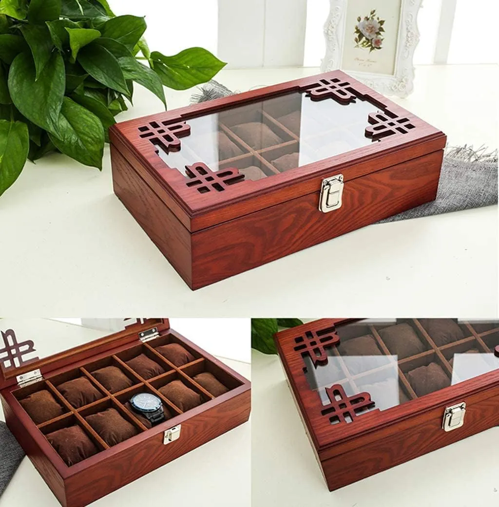 Watch Display Box Wooden Jewellery Storage Box Case Glass Lid Bracelet Tray Lockable Metal Buckle /502
