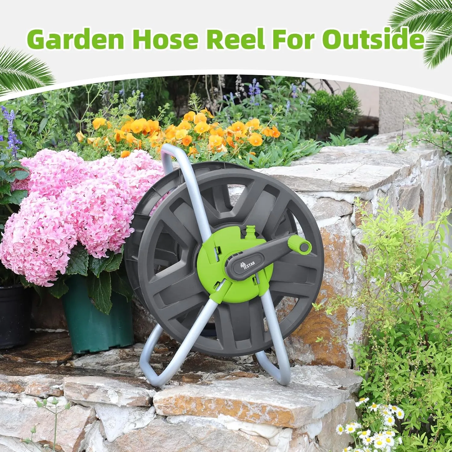 Water Hose Reel Cart, Holds 65-130 Ft of 5/8 Inch Hose, Wall Mounted Garden Hose Cart, Portable Hose Reel for Convenient Storage and Watering