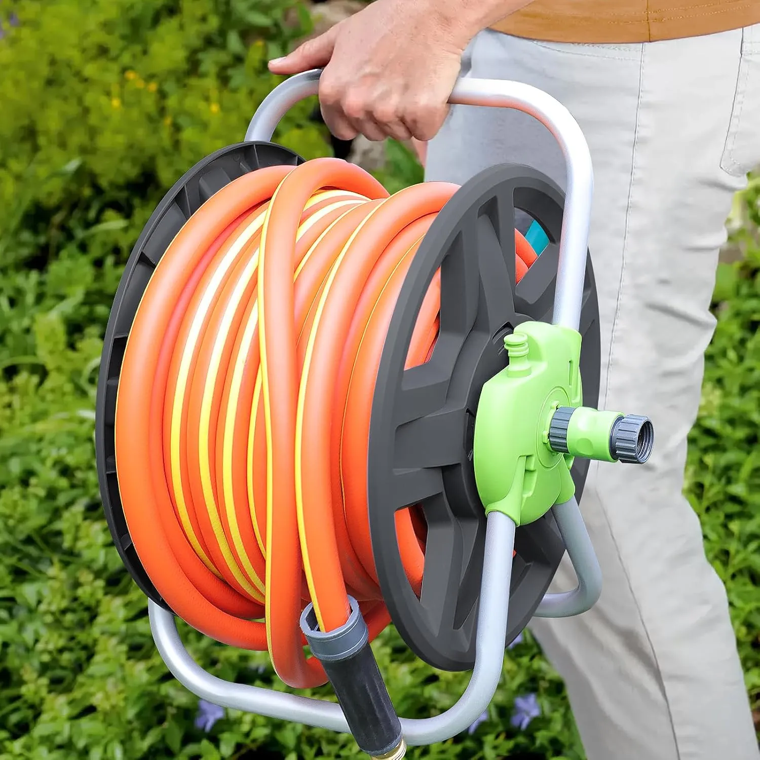 Water Hose Reel Cart, Holds 65-130 Ft of 5/8 Inch Hose, Wall Mounted Garden Hose Cart, Portable Hose Reel for Convenient Storage and Watering