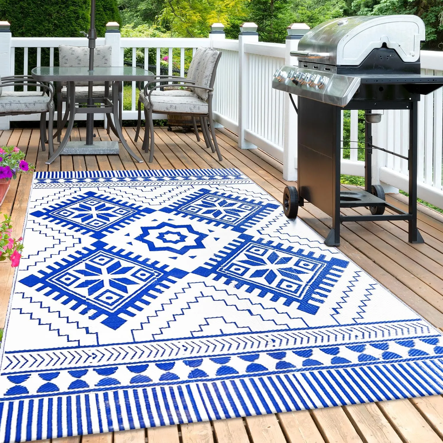 Waterproof Outdoor Rug 5x8ft, Boho Reversible Plastic Straw Mat for Patio RV Deck Porch Backyard Balcony Camping Picnic Beach Indoor Outdoor Carpet, Blue&White