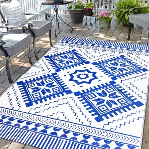Waterproof Outdoor Rug 5x8ft, Boho Reversible Plastic Straw Mat for Patio RV Deck Porch Backyard Balcony Camping Picnic Beach Indoor Outdoor Carpet, Blue&White