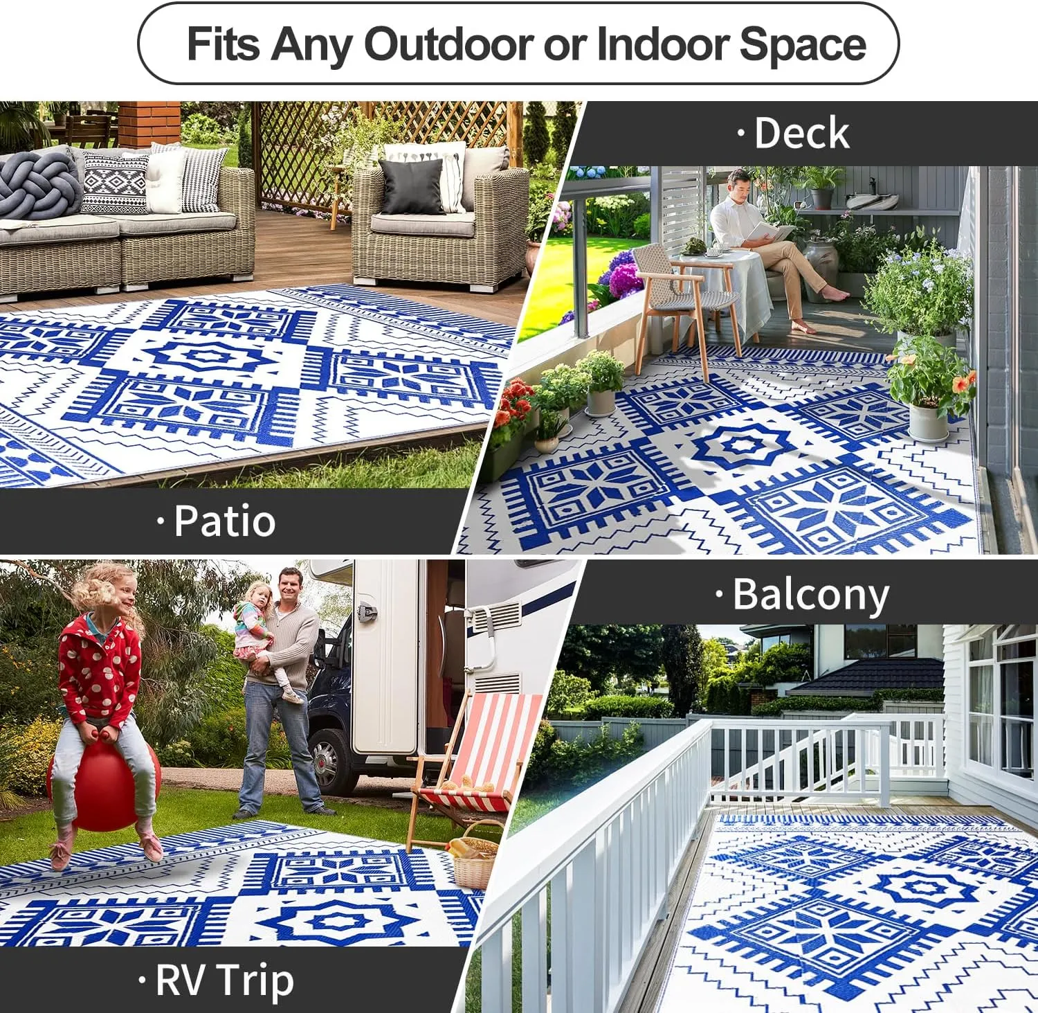 Waterproof Outdoor Rug 5x8ft, Boho Reversible Plastic Straw Mat for Patio RV Deck Porch Backyard Balcony Camping Picnic Beach Indoor Outdoor Carpet, Blue&White