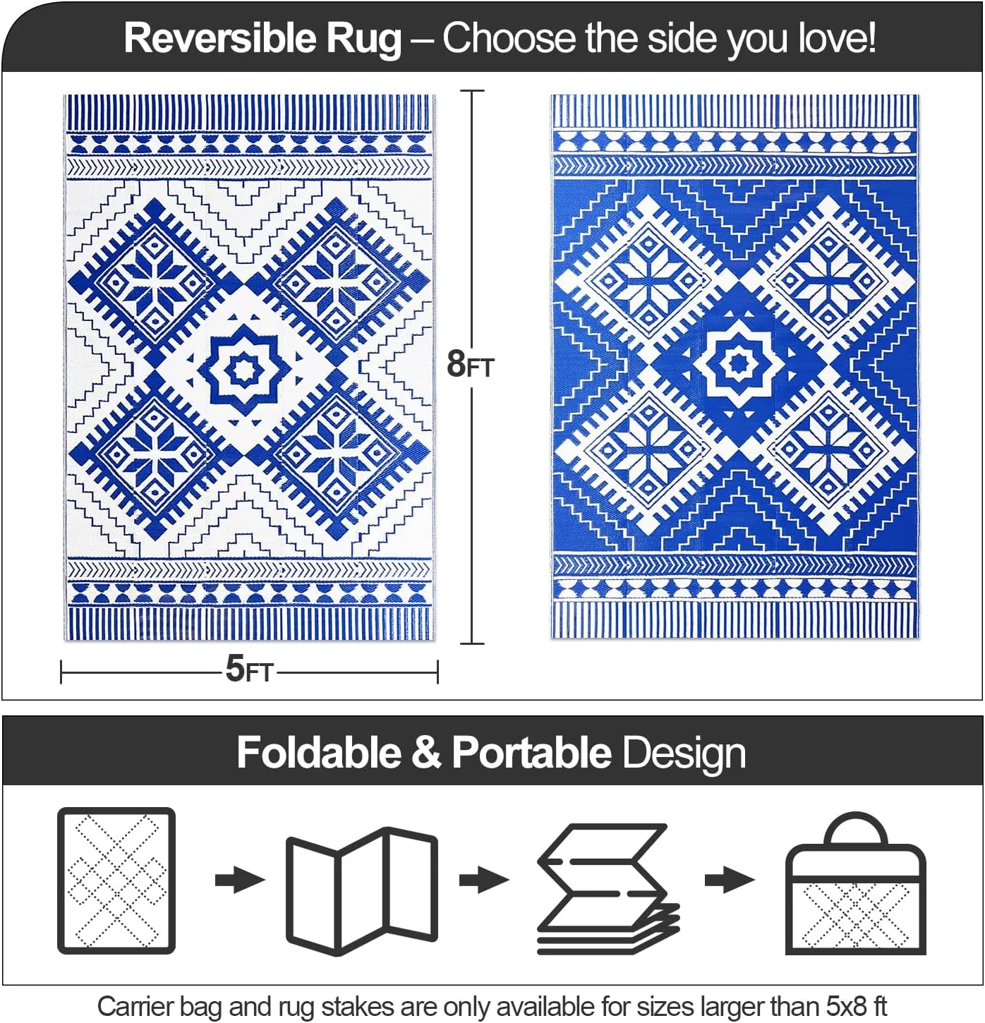 Waterproof Outdoor Rug 5x8ft, Boho Reversible Plastic Straw Mat for Patio RV Deck Porch Backyard Balcony Camping Picnic Beach Indoor Outdoor Carpet, Blue&White