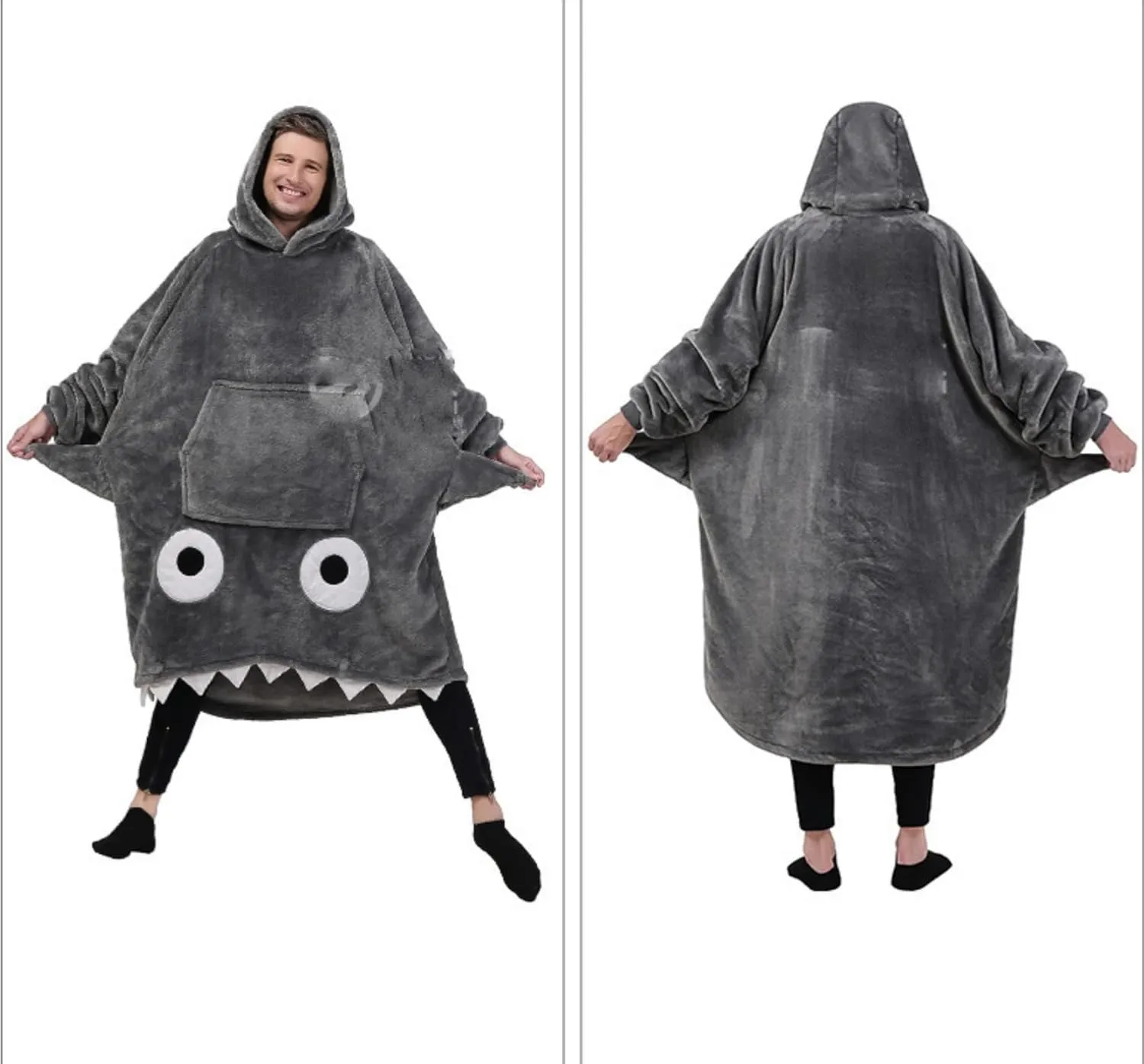 Winter Flannel Thermal Blanket Big Eyes Shark Cartoon Hooded Long Sleeve Pajamas Sleep Bag