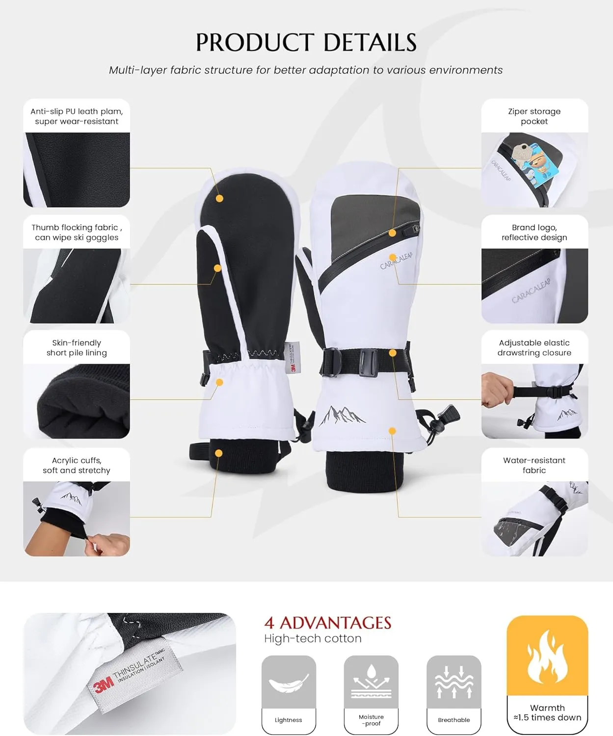 Winter Ski Mittens for Men Women Cold Weather- Warm Snowboard Mittens Gloves Waterproof Snow Sports Mitts Gloves