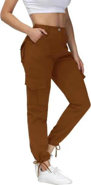 Women Cargo Pants High Waisted Casual Hiking Joggers Pants Adjustable Waist Cargos with 6 Pockets