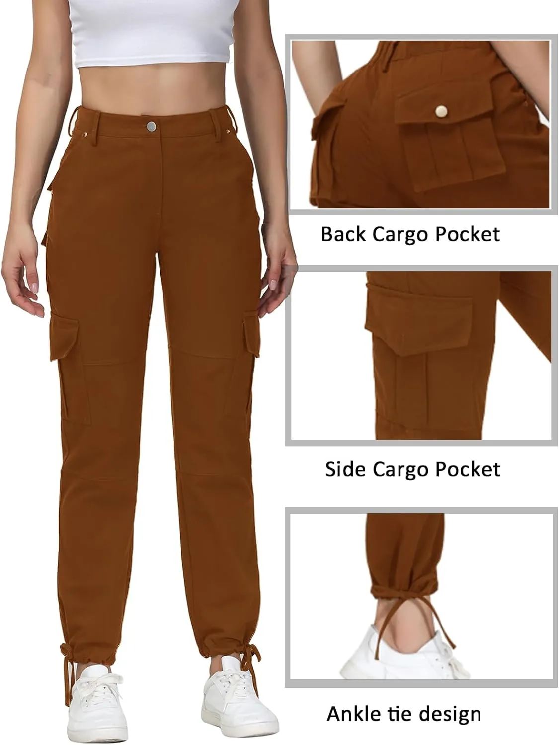 Women Cargo Pants High Waisted Casual Hiking Joggers Pants Adjustable Waist Cargos with 6 Pockets