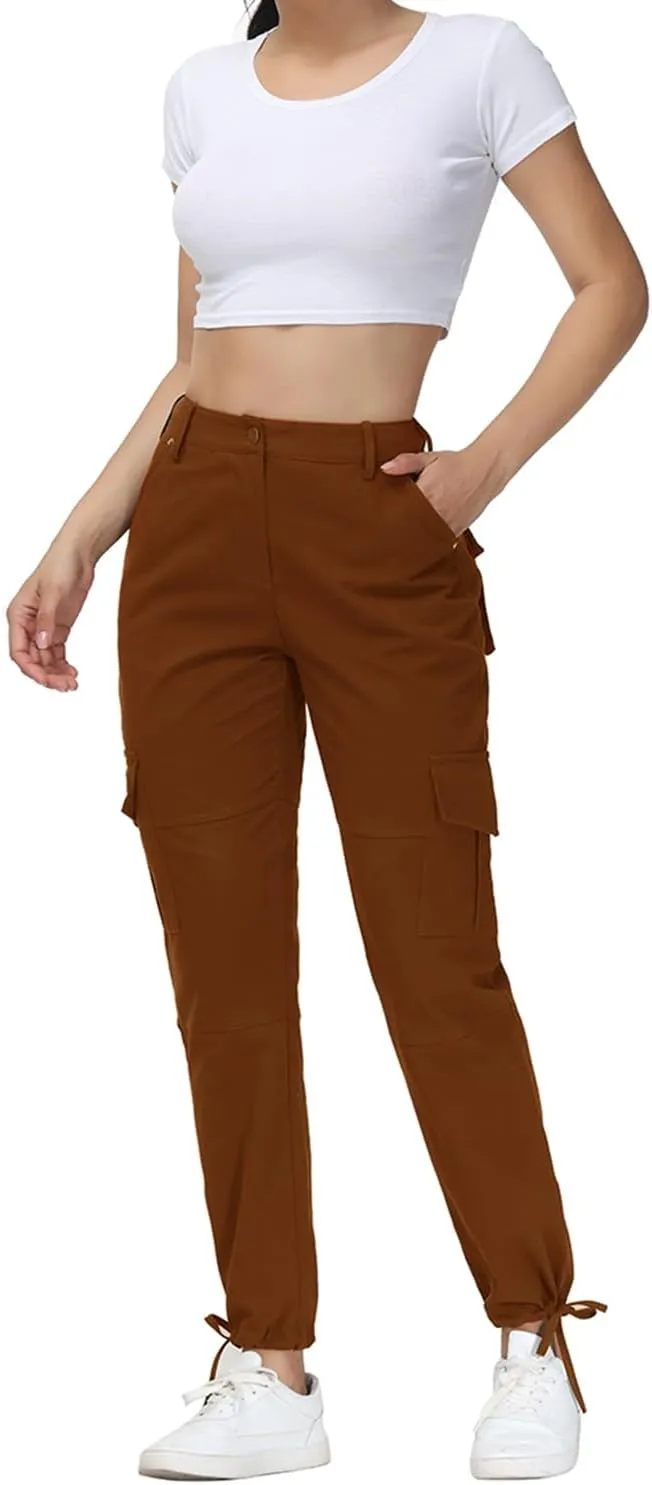 Women Cargo Pants High Waisted Casual Hiking Joggers Pants Adjustable Waist Cargos with 6 Pockets