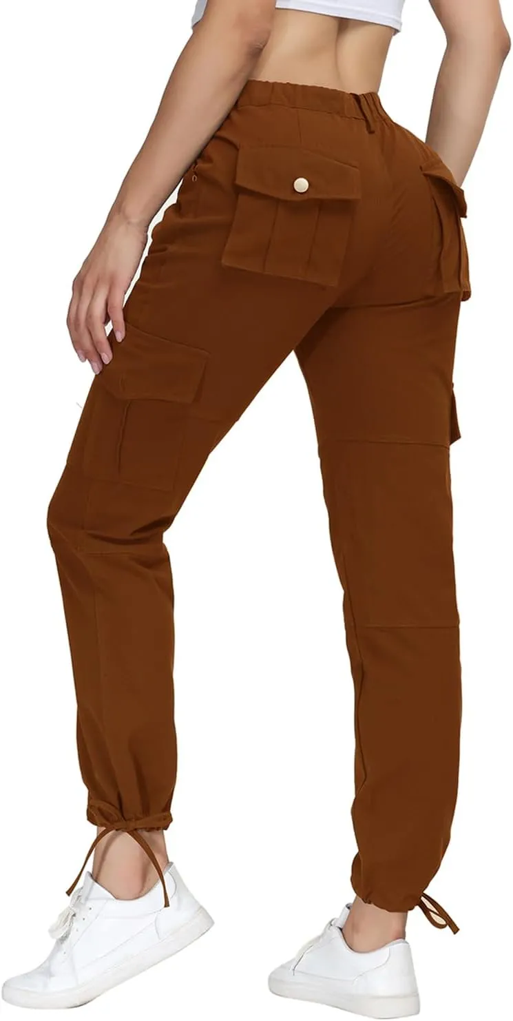 Women Cargo Pants High Waisted Casual Hiking Joggers Pants Adjustable Waist Cargos with 6 Pockets