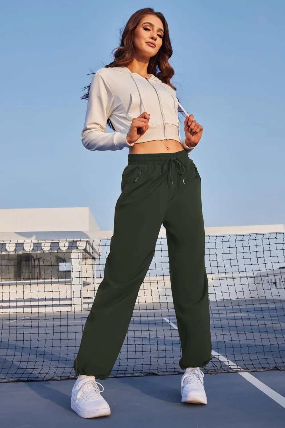 Womens Athletic Hiking Pants Lightweight Quick Dry Water Resistant Elastic Waist Cargo Pants with Zipper Pockets