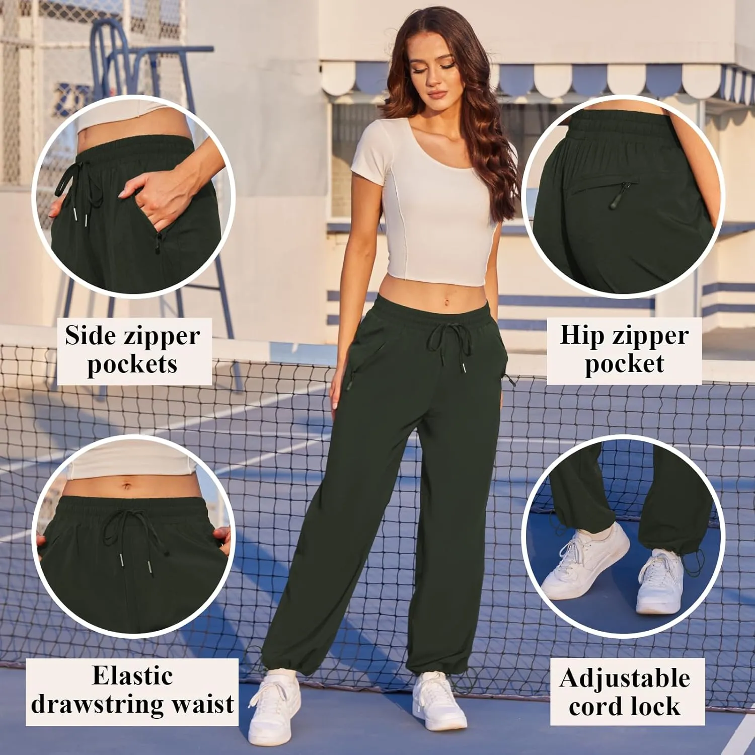Womens Athletic Hiking Pants Lightweight Quick Dry Water Resistant Elastic Waist Cargo Pants with Zipper Pockets