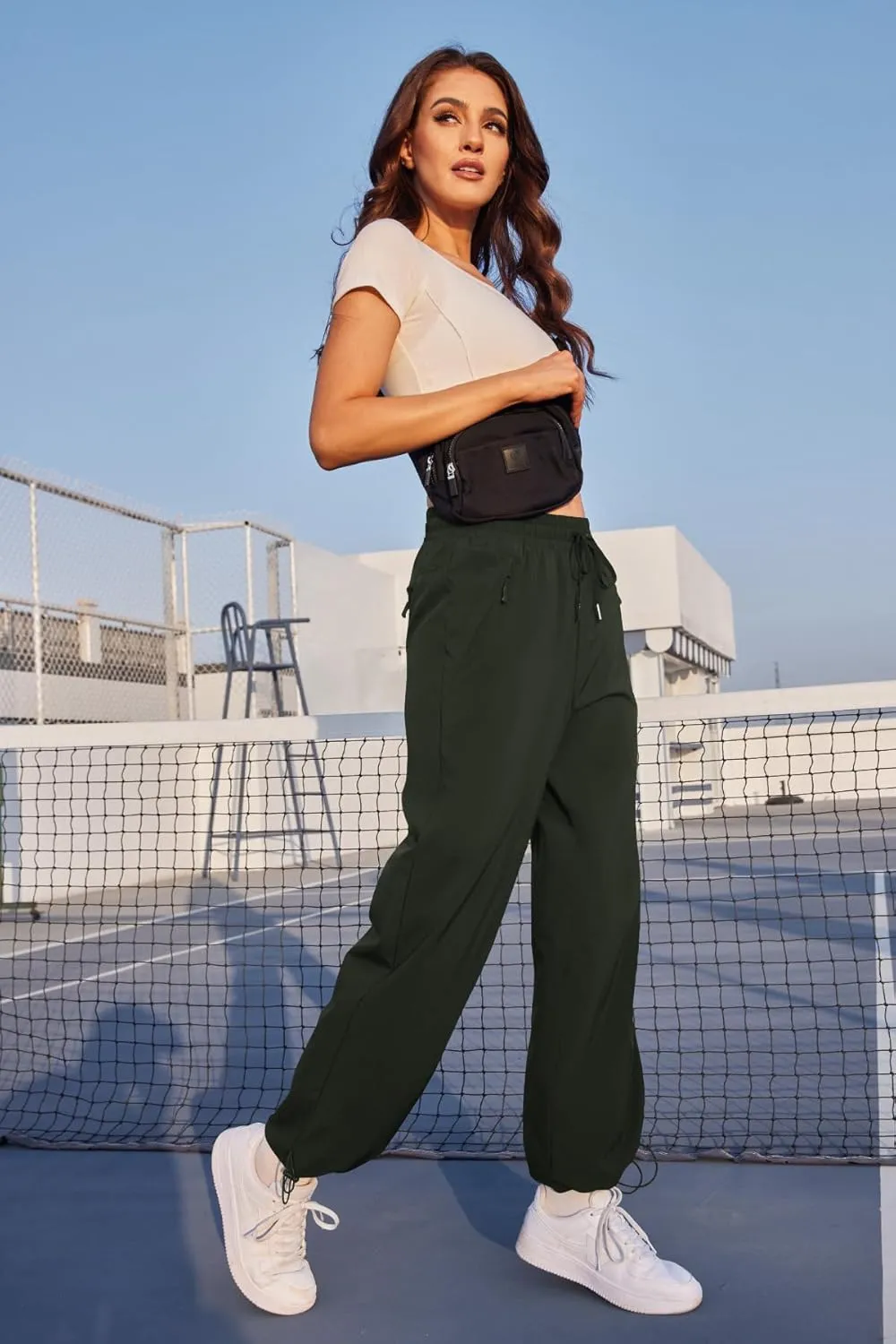 Womens Athletic Hiking Pants Lightweight Quick Dry Water Resistant Elastic Waist Cargo Pants with Zipper Pockets