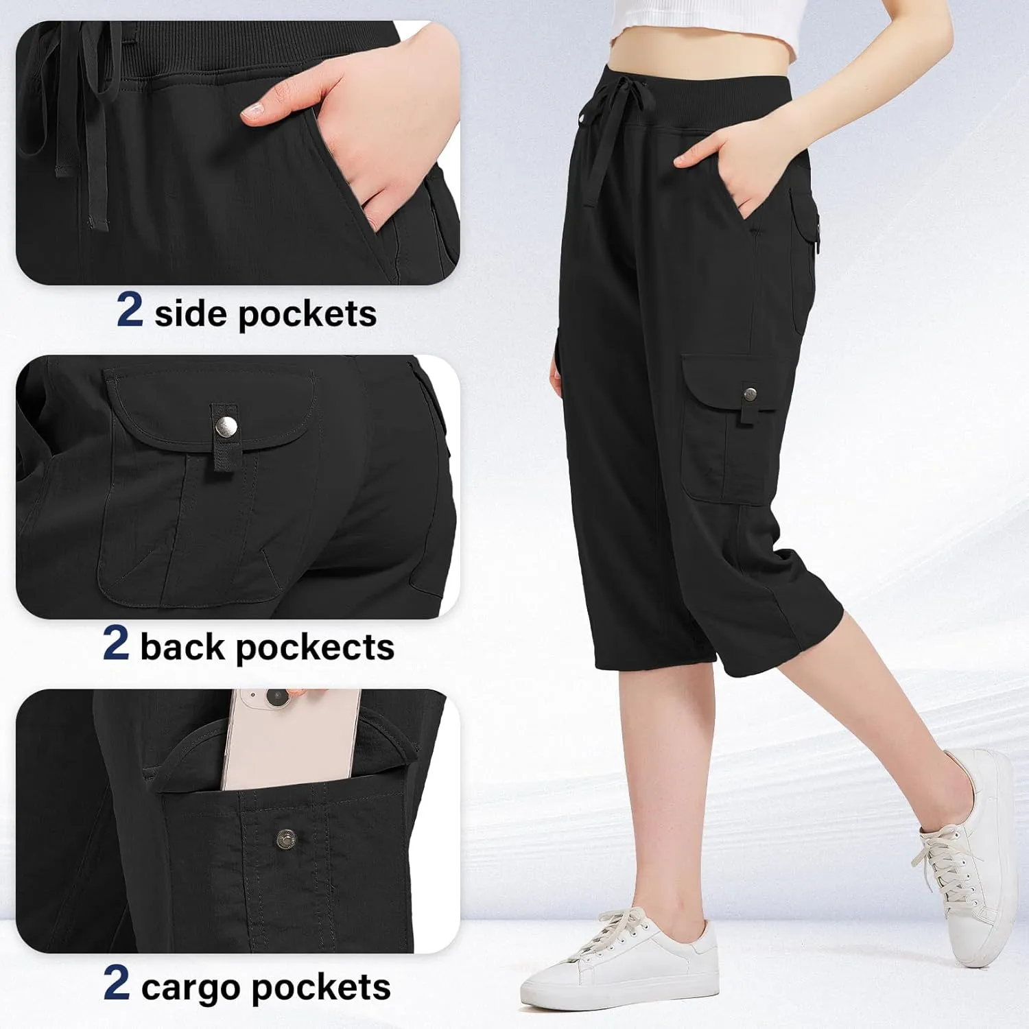 Women's Cargo Capris Hiking Pants with 6 Pockets Lightweight Quick Dry Outdoor Travel Casual Cotton Comfy Summer Pants