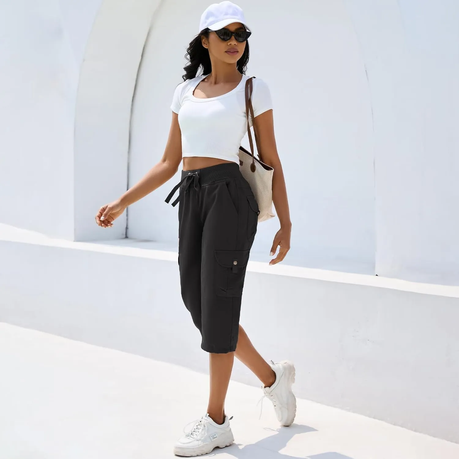 Women's Cargo Capris Hiking Pants with 6 Pockets Lightweight Quick Dry Outdoor Travel Casual Cotton Comfy Summer Pants