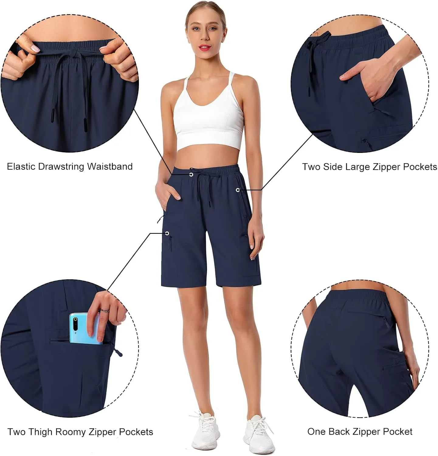 Women's Lightweight Hiking Cargo Shorts Quick Dry Athletic Shorts for Camping Travel Golf with Zipper Pockets Water Resistant