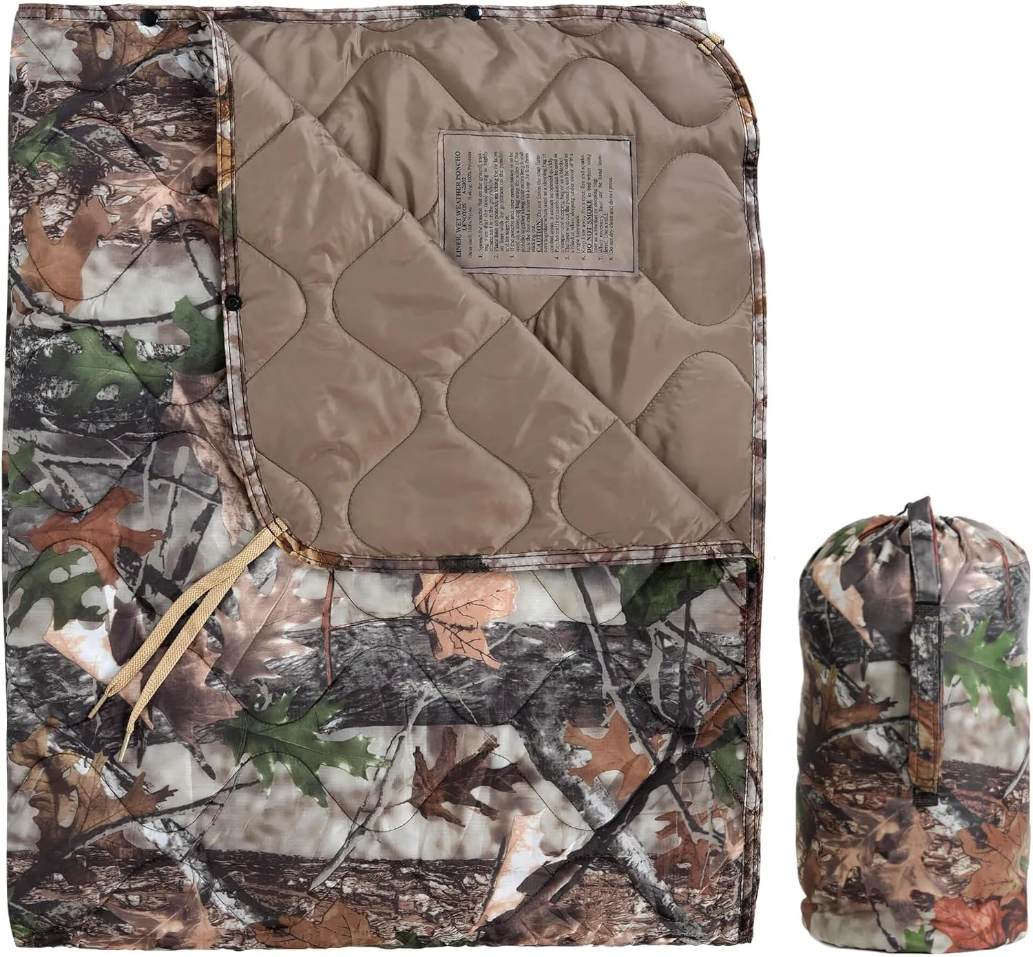 Woobie Blanket, Thermal Insulated Military Poncho Liner, Water-Resistant, Portable, Insulation, for Hiking, Survival with Compression Carry Bag (Tree Camo Bionic)