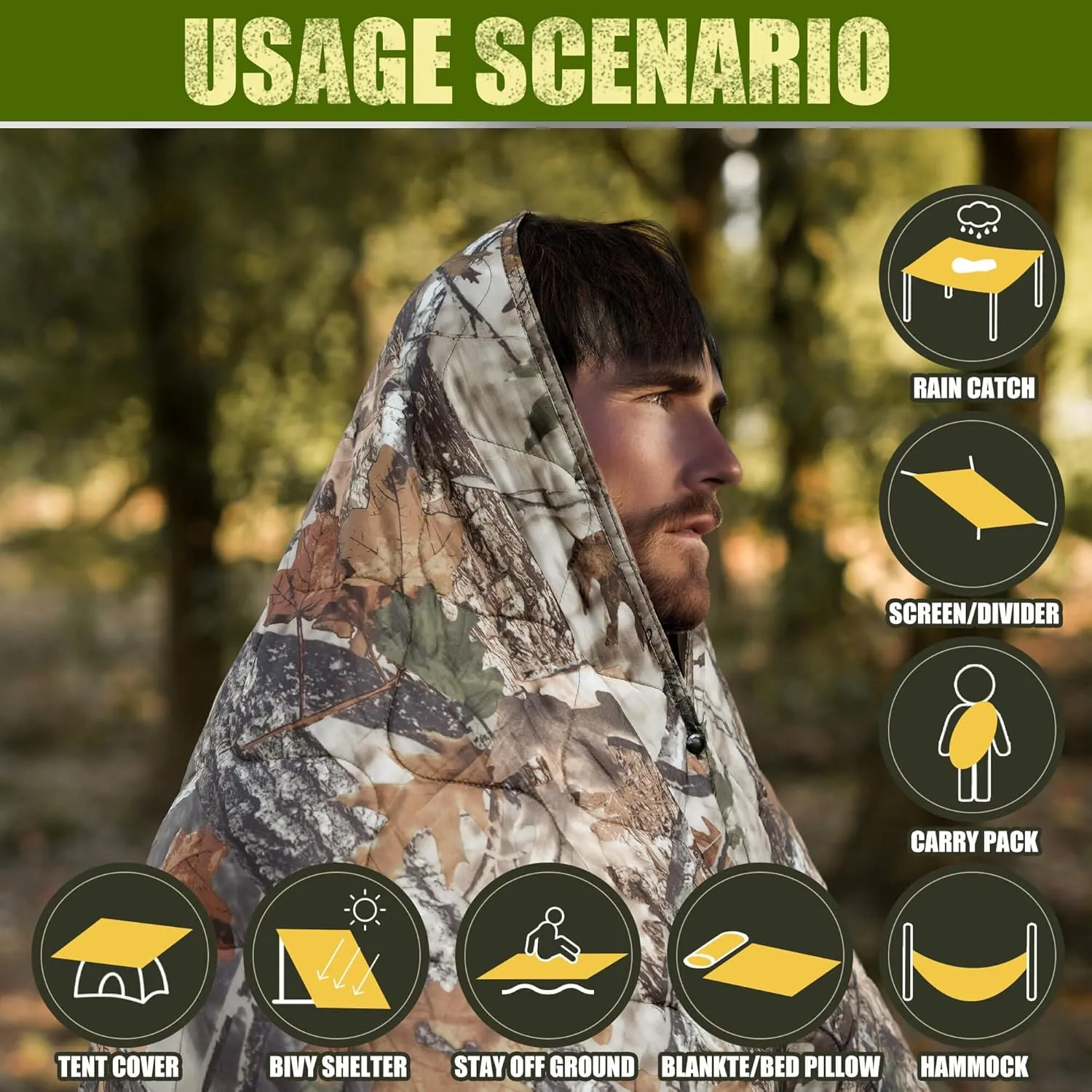 Woobie Blanket, Thermal Insulated Military Poncho Liner, Water-Resistant, Portable, Insulation, for Hiking, Survival with Compression Carry Bag (Tree Camo Bionic)