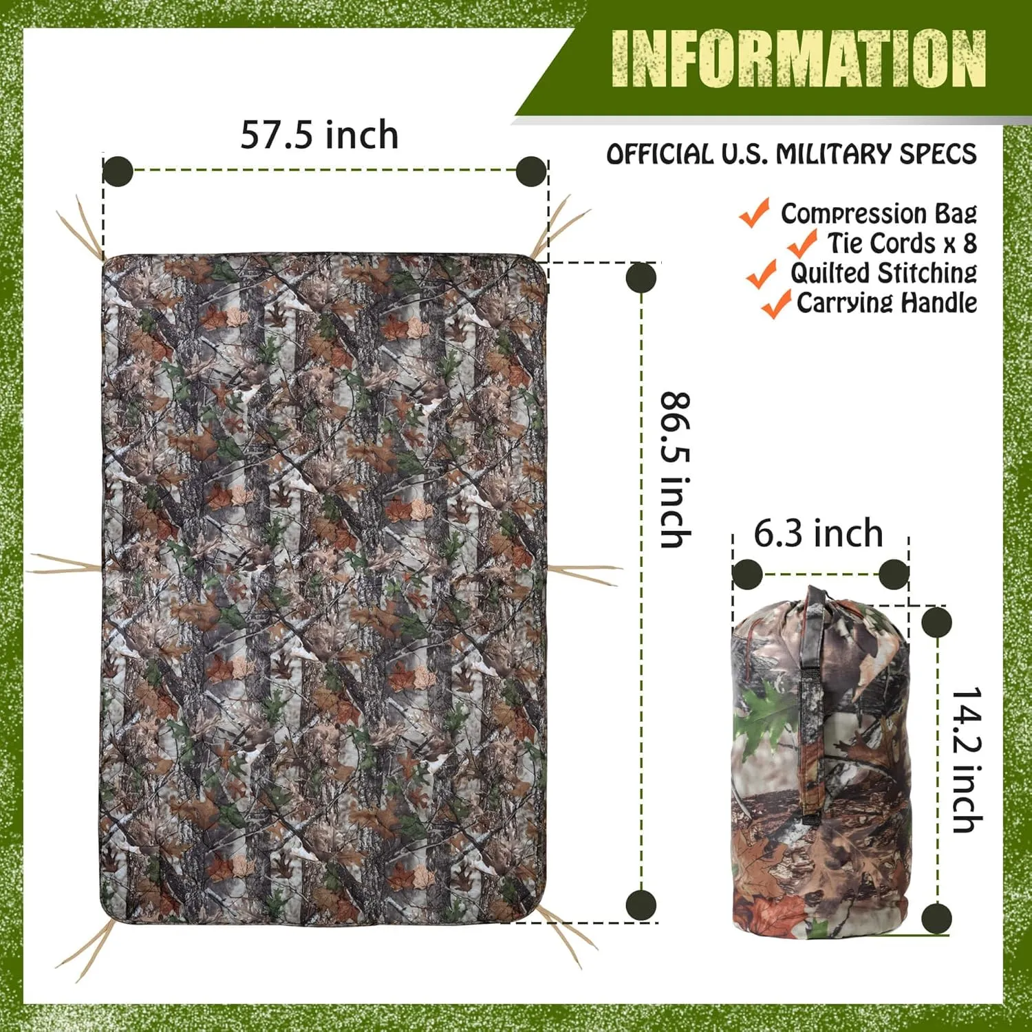 Woobie Blanket, Thermal Insulated Military Poncho Liner, Water-Resistant, Portable, Insulation, for Hiking, Survival with Compression Carry Bag (Tree Camo Bionic)