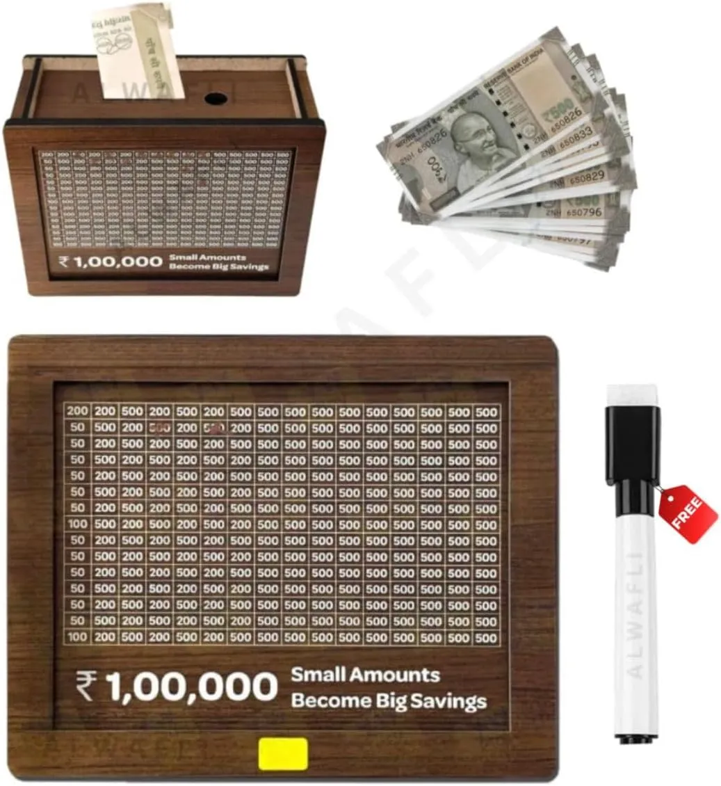 Wooden Money/Piggy Bank for Kids & Adults, Savings Challenge Box, Money Saving Box for Adult 100000, Cash Collection Gullak Mini Bank, Birthday Gift for Kids, Women/Men/Friends (One Size)