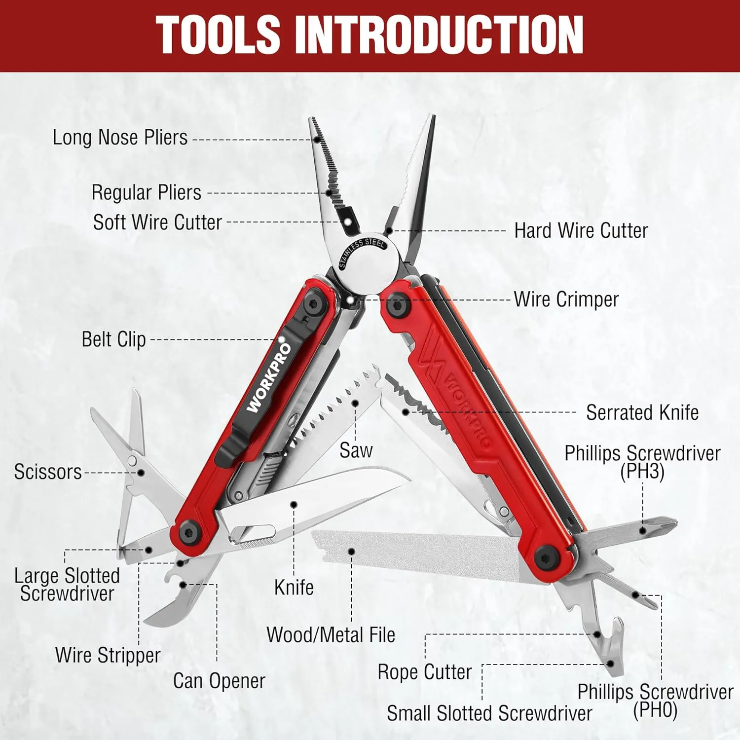 WORKPRO 18-in-1 Multi Tool Pliers, Stainless Steel EDC Multitool with Pocket Knife, 2 Safety Locks, Belt Clip and Oxford Pouch, Multipurpose Utility Multiuse Tool for Outdoor Activities