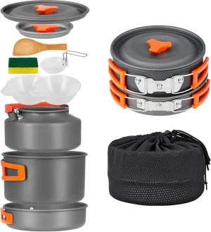 YETO Camping Cookware Set 10pcs Camping Pots and Pans Set Foldable Camping Mess Kit for 2-3 People Hard-Anodized Aluminum Backpacking Cookware Set for Outdoor Hiking Picnic, MediumGrey