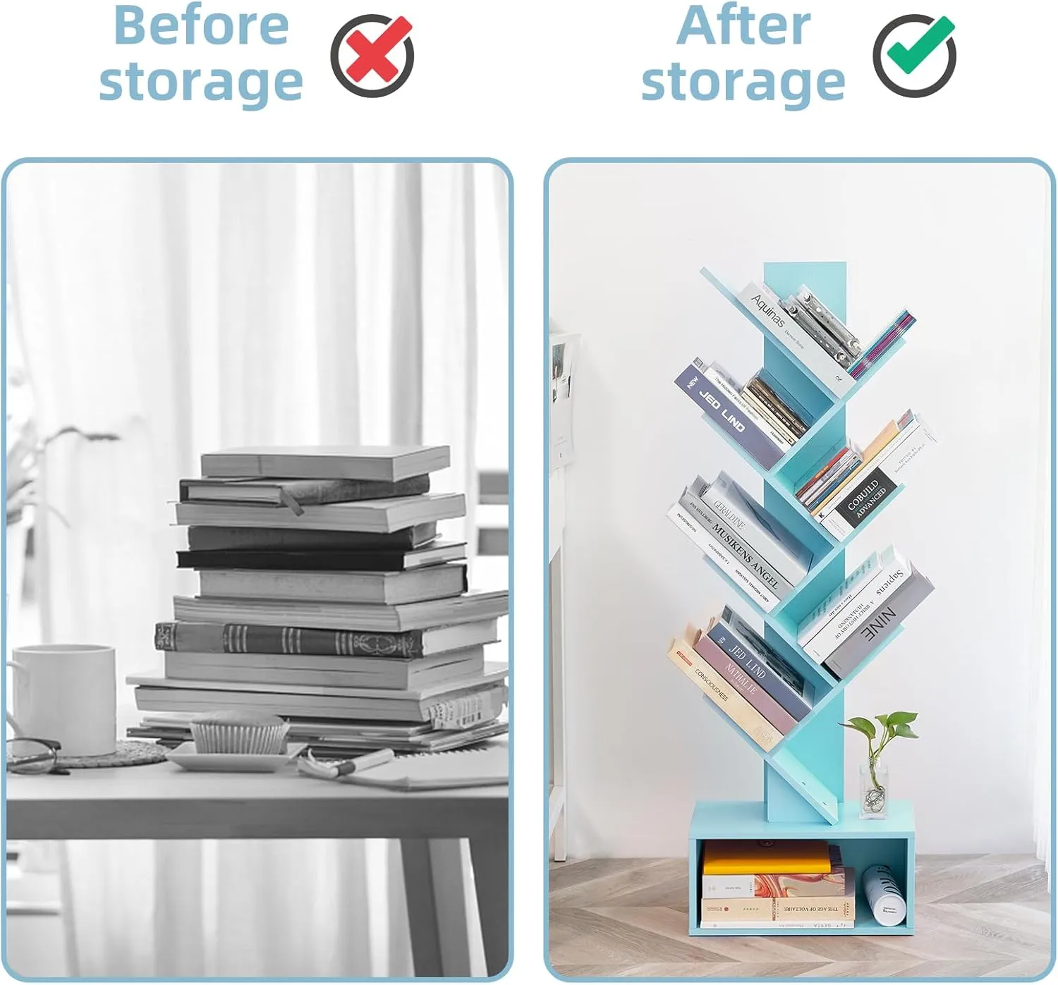 Yoobure Tree Bookshelf - 6 Shelf Retro Floor Standing Bookcase, Tall Wood Book Storage Rack for CDs/Movies, Utility Book Organizer Shelves for Bedroom, Living Room, Home Office Blue