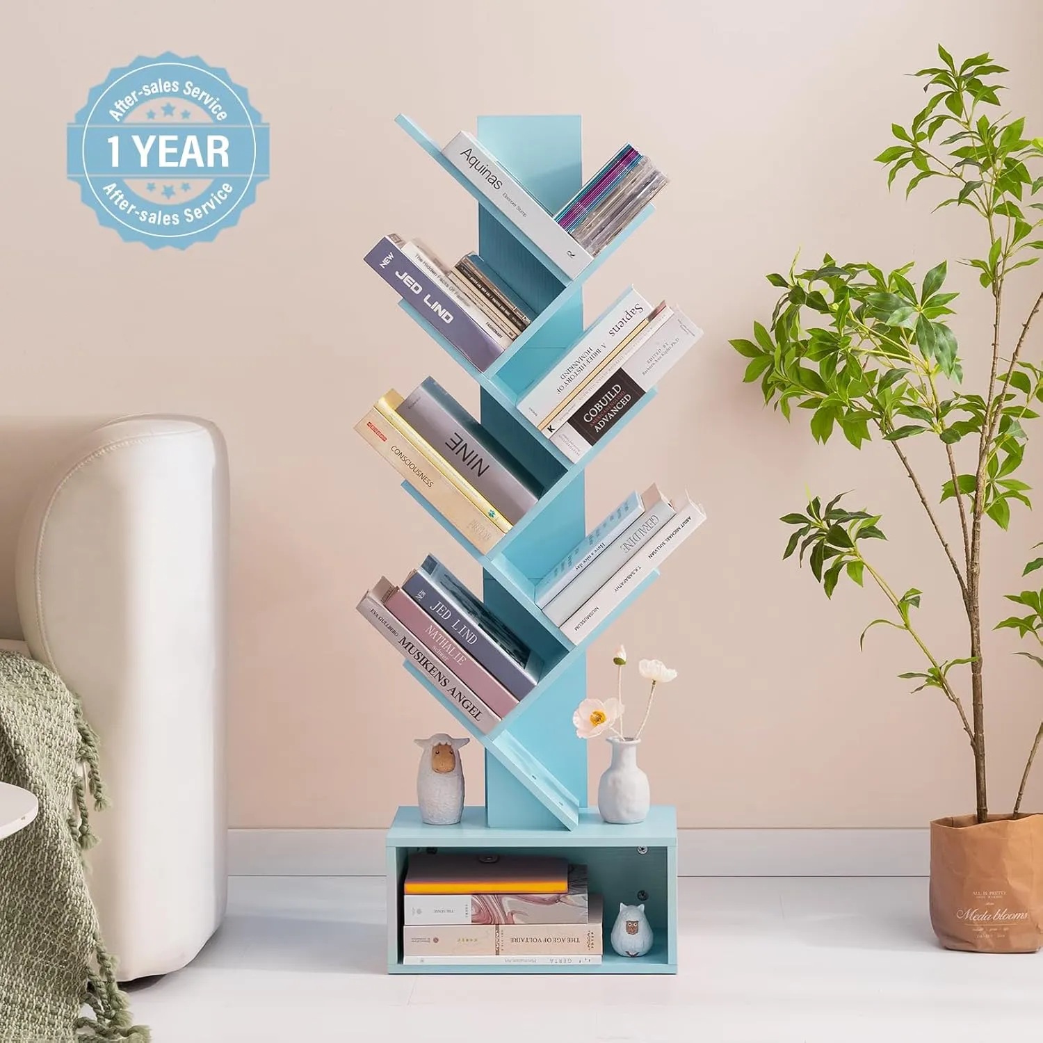 Yoobure Tree Bookshelf - 6 Shelf Retro Floor Standing Bookcase, Tall Wood Book Storage Rack for CDs/Movies, Utility Book Organizer Shelves for Bedroom, Living Room, Home Office Blue