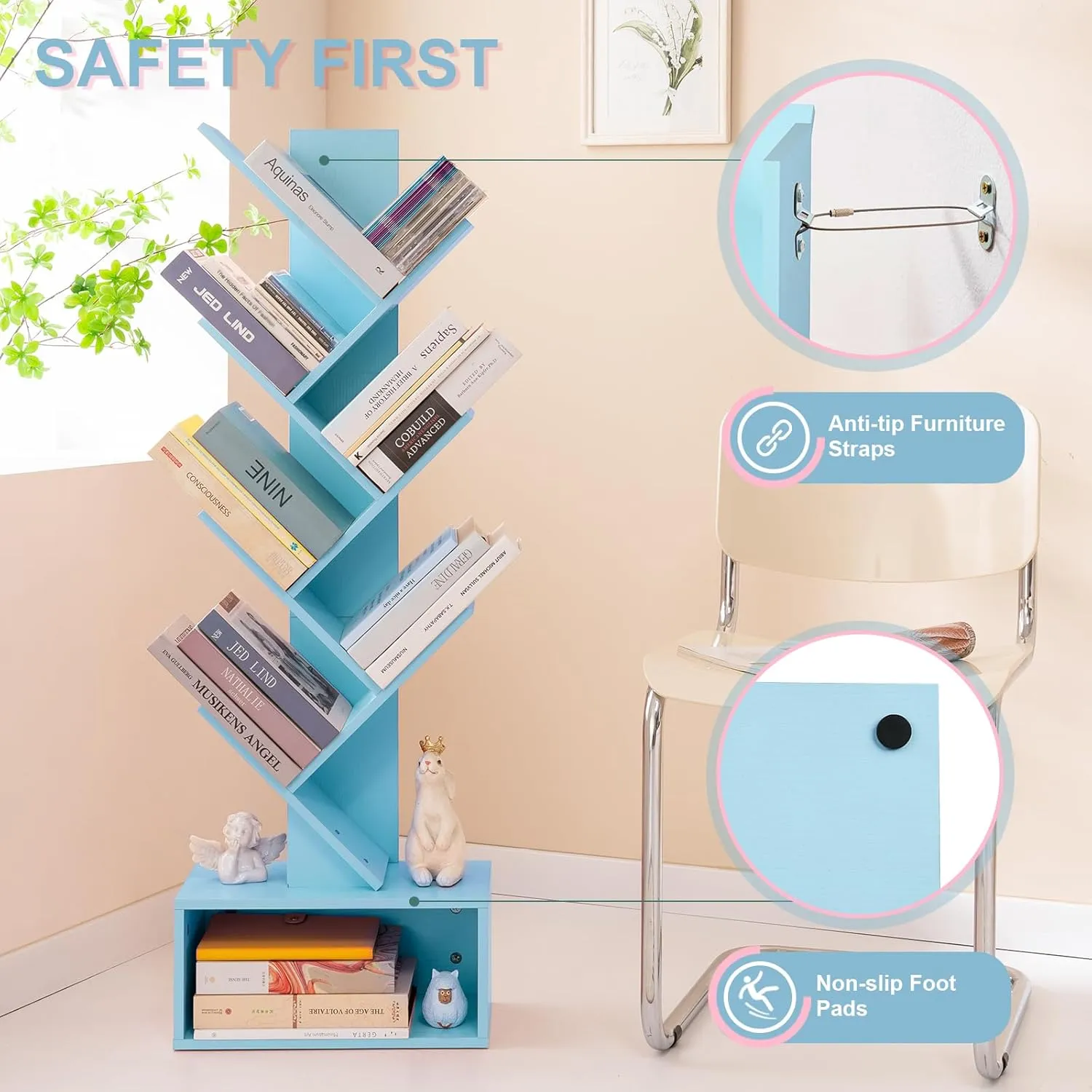 Yoobure Tree Bookshelf - 6 Shelf Retro Floor Standing Bookcase, Tall Wood Book Storage Rack for CDs/Movies, Utility Book Organizer Shelves for Bedroom, Living Room, Home Office Blue
