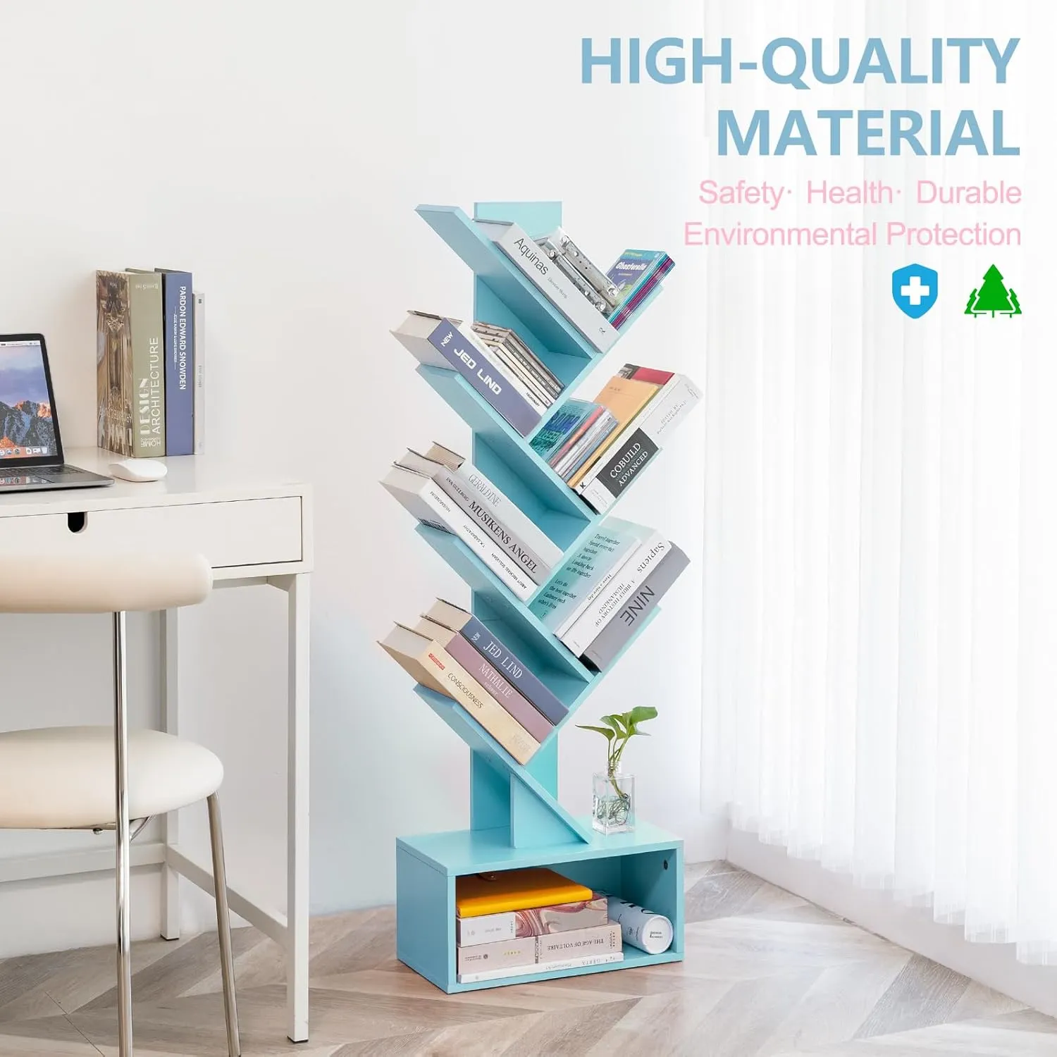 Yoobure Tree Bookshelf - 6 Shelf Retro Floor Standing Bookcase, Tall Wood Book Storage Rack for CDs/Movies, Utility Book Organizer Shelves for Bedroom, Living Room, Home Office Blue