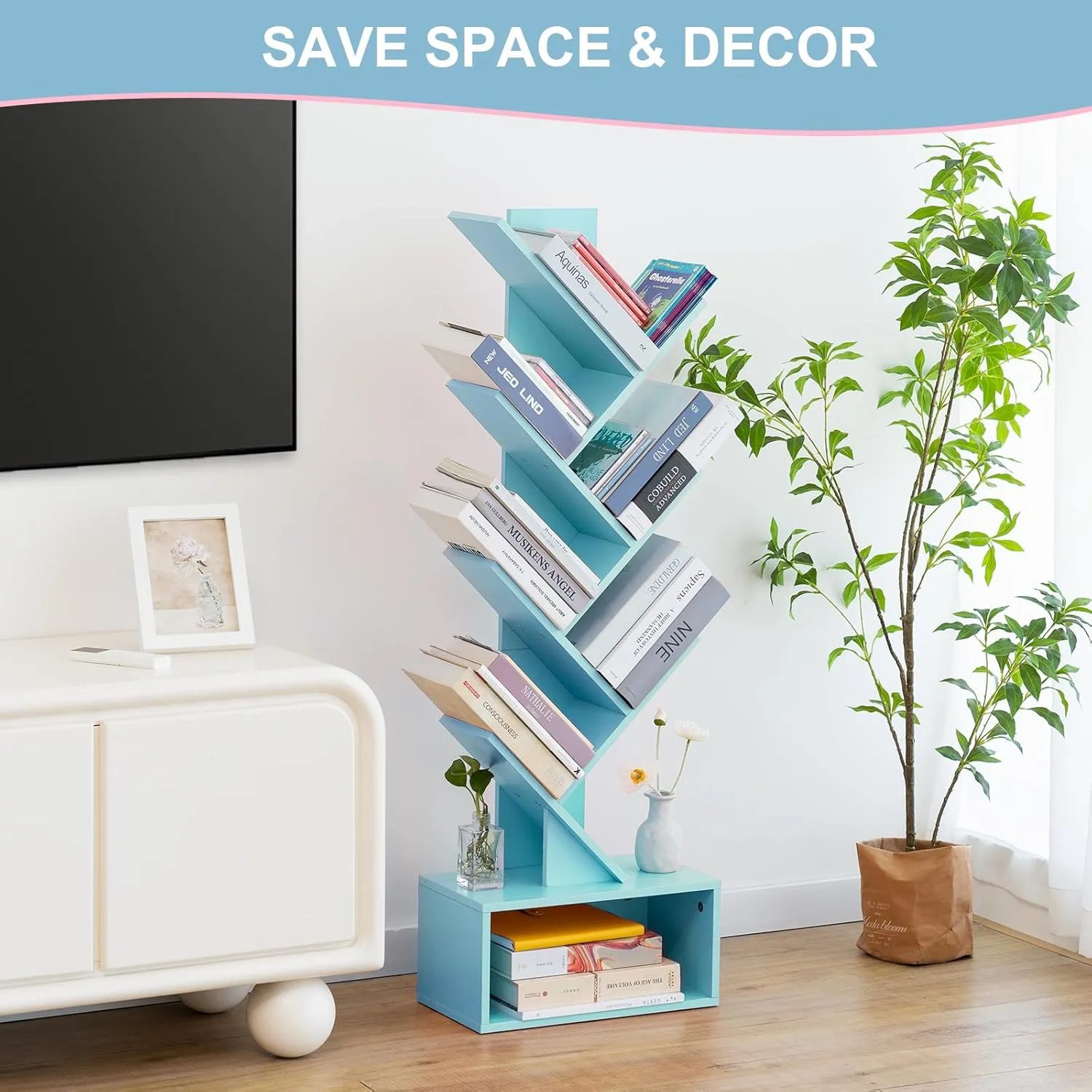 Yoobure Tree Bookshelf - 6 Shelf Retro Floor Standing Bookcase, Tall Wood Book Storage Rack for CDs/Movies, Utility Book Organizer Shelves for Bedroom, Living Room, Home Office Blue