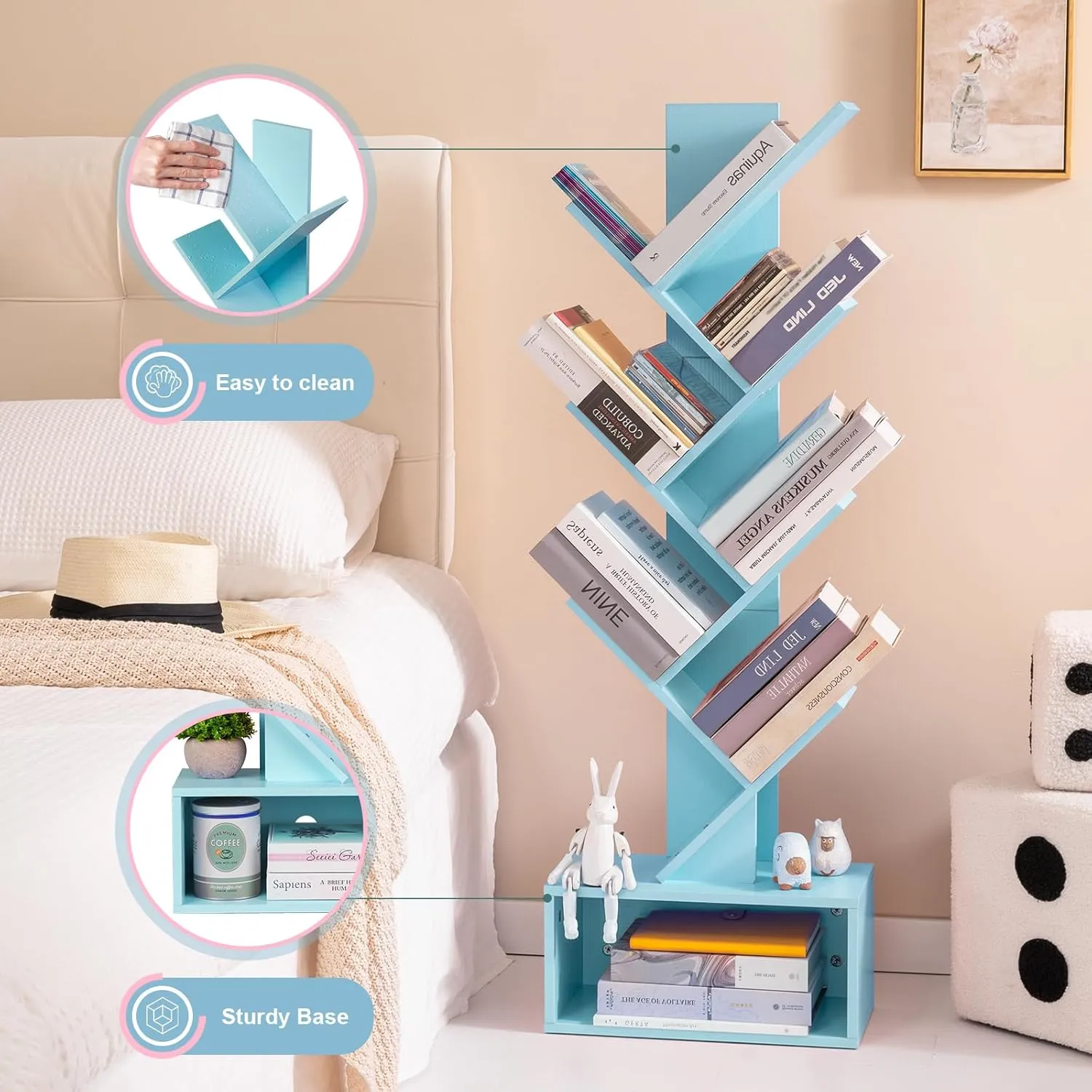 Yoobure Tree Bookshelf - 6 Shelf Retro Floor Standing Bookcase, Tall Wood Book Storage Rack for CDs/Movies, Utility Book Organizer Shelves for Bedroom, Living Room, Home Office Blue