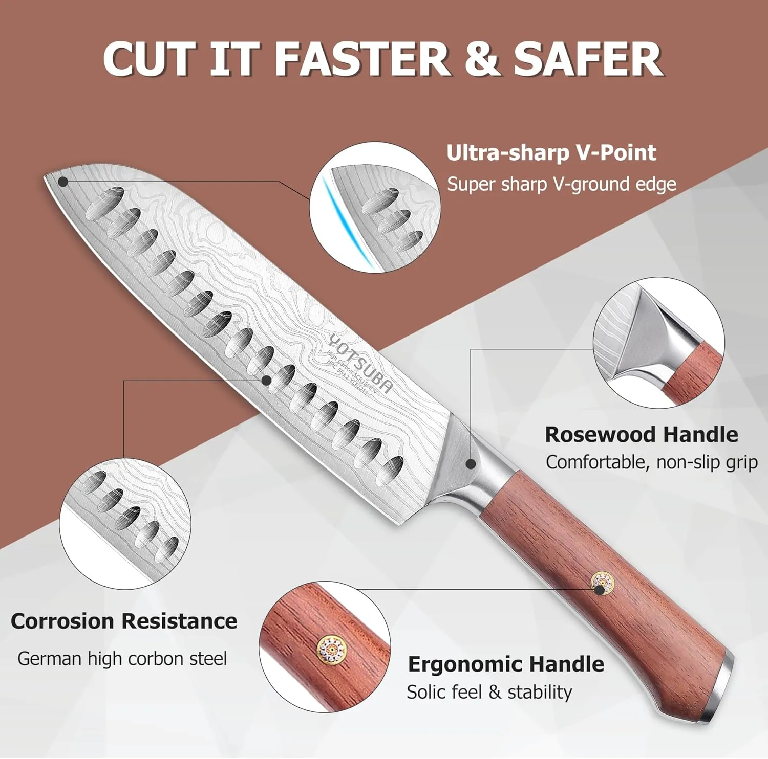 YOTSUBA Santoku Knife, 7 Inch Kitchen Knife, Sharp Japanese Knife with Wooden Handle, Forged High Carbon German Stainless Steel, Chef Knife for Home Chopping Vegetable and Cooking
