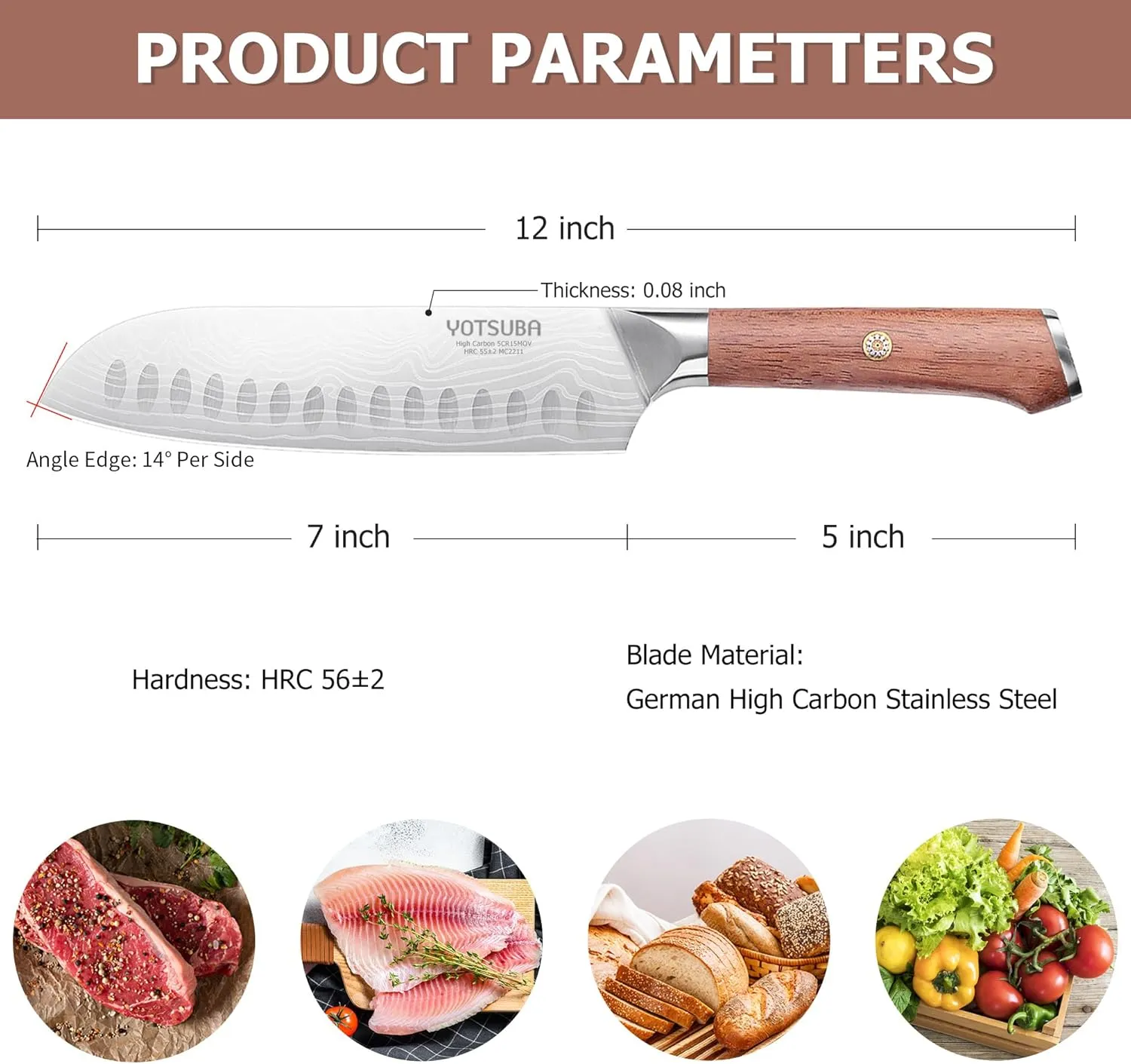 YOTSUBA Santoku Knife, 7 Inch Kitchen Knife, Sharp Japanese Knife with Wooden Handle, Forged High Carbon German Stainless Steel, Chef Knife for Home Chopping Vegetable and Cooking
