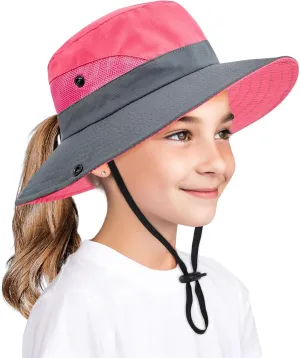 Zando Kids Bucket Hat Girls Sun Hat with Ponytail Hole UPF 50 Outdoor Hat Wide Brim Beach Summer Cap for Kids Ags 4-12